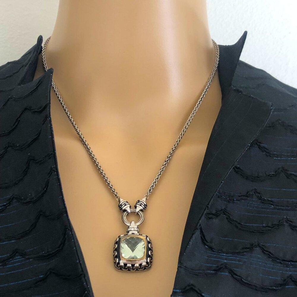 KARIZIA Italy Sterling Silver 14K Gold Prasiolite Pendant Cushion-Cut Designer